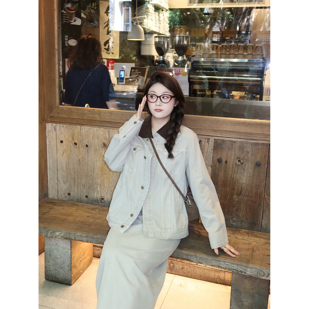 裂渡宣宣【牛仔乌托邦】微胖大码女秋ins牛仔外套+半裙套装ZY507V06