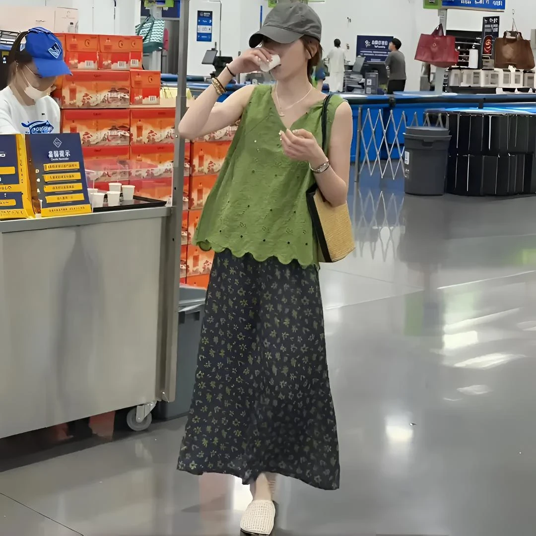 夏季新款韩系休闲百搭宽松无袖背心显瘦碎花半裙气质减龄两件套女