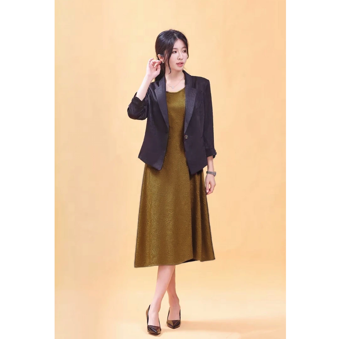 新款高端缎面修身西装外套搭V领吊带连衣裙两件套TA195