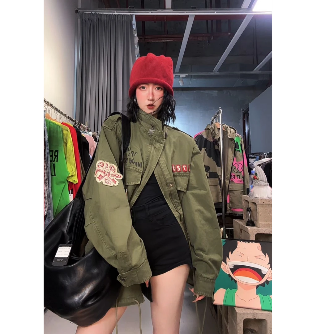 奇奇家 MORE 精品军绿印花宽松型大版风衣外套