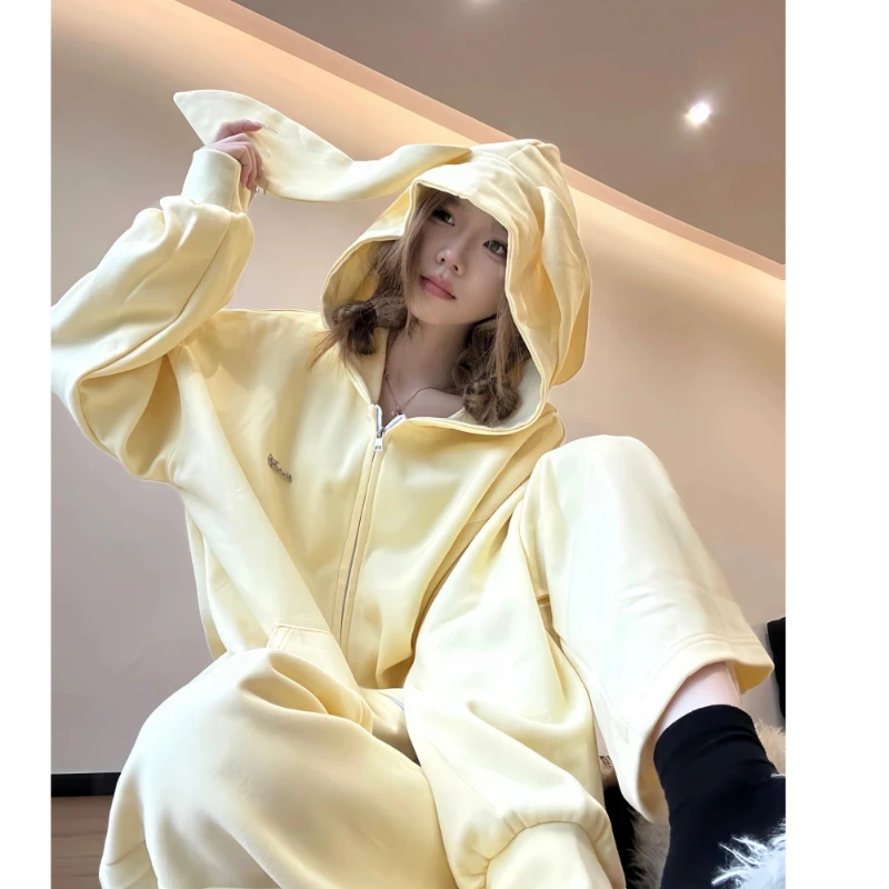 慵懒风宽松兔耳朵连帽睡衣女春秋新款大码长袖长裤家居服套装外穿