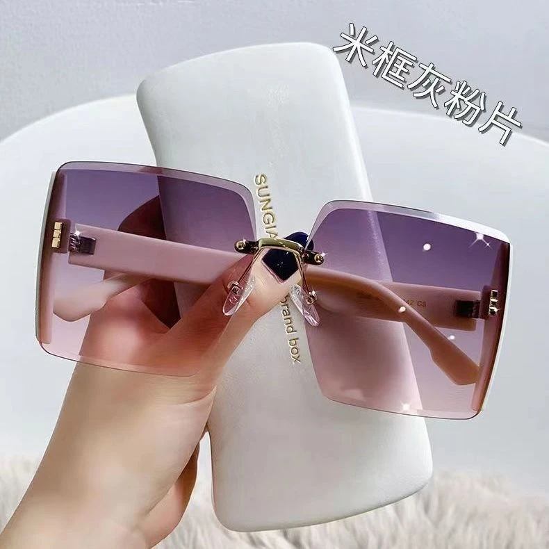 网红素颜无框太阳镜防紫外线遮阳防晒显脸小女墨镜潮流大框渐变色