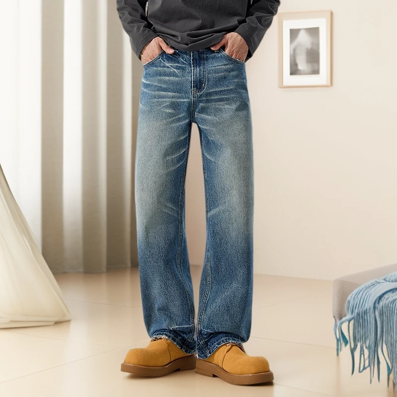 美式直筒牛仔裤宽松裤直筒裤高街休闲百搭复古水洗做旧长裤四季款