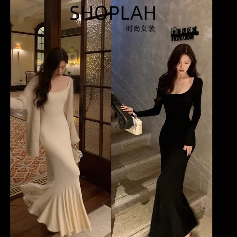 法式气质U领鱼尾连衣裙女春秋装新款高级感配大衣内搭包臀长裙子