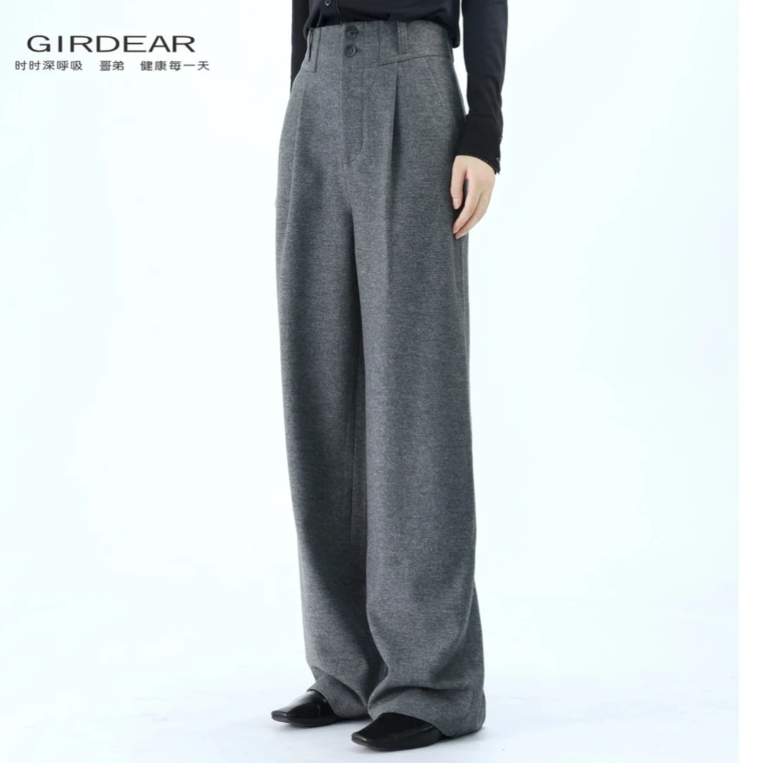 GIRDEAR/哥弟1100468秋冬新款时尚简约休闲高腰双扣绵羊毛直筒裤