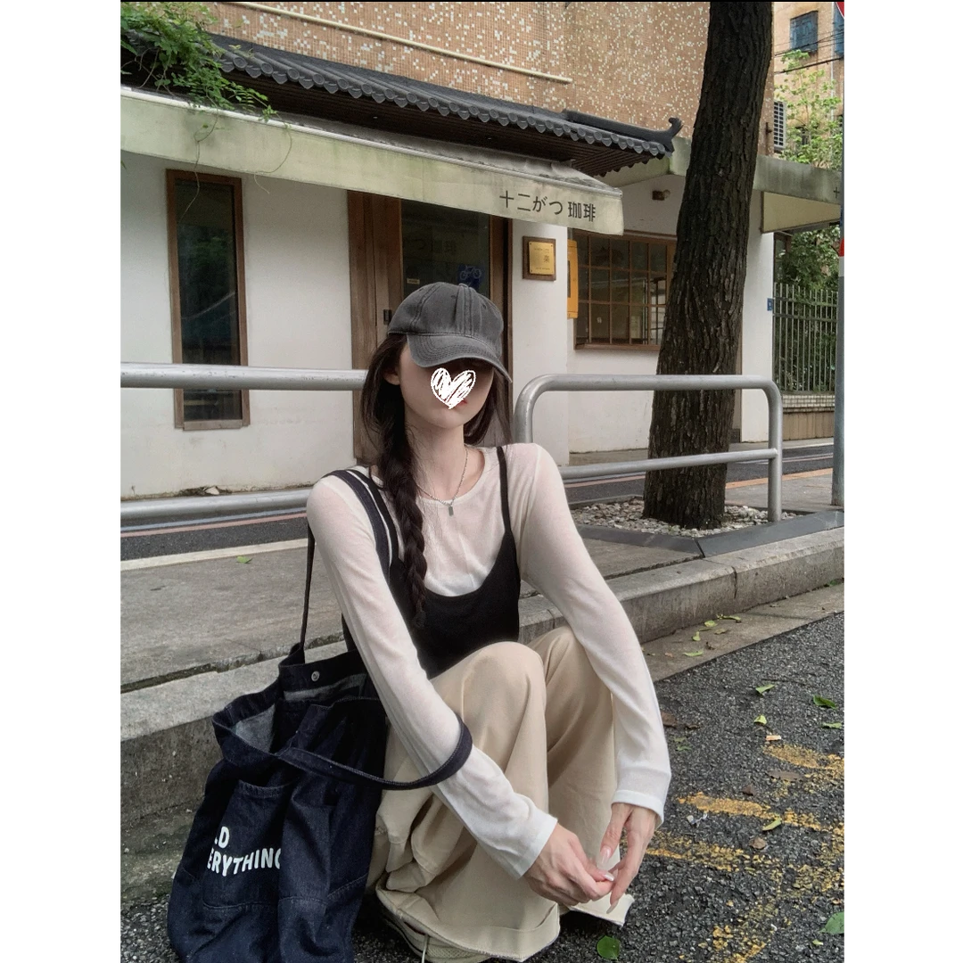 韩系慵懒松弛感上衣女早秋长袖T恤气质针织衫两件套打底衫D582