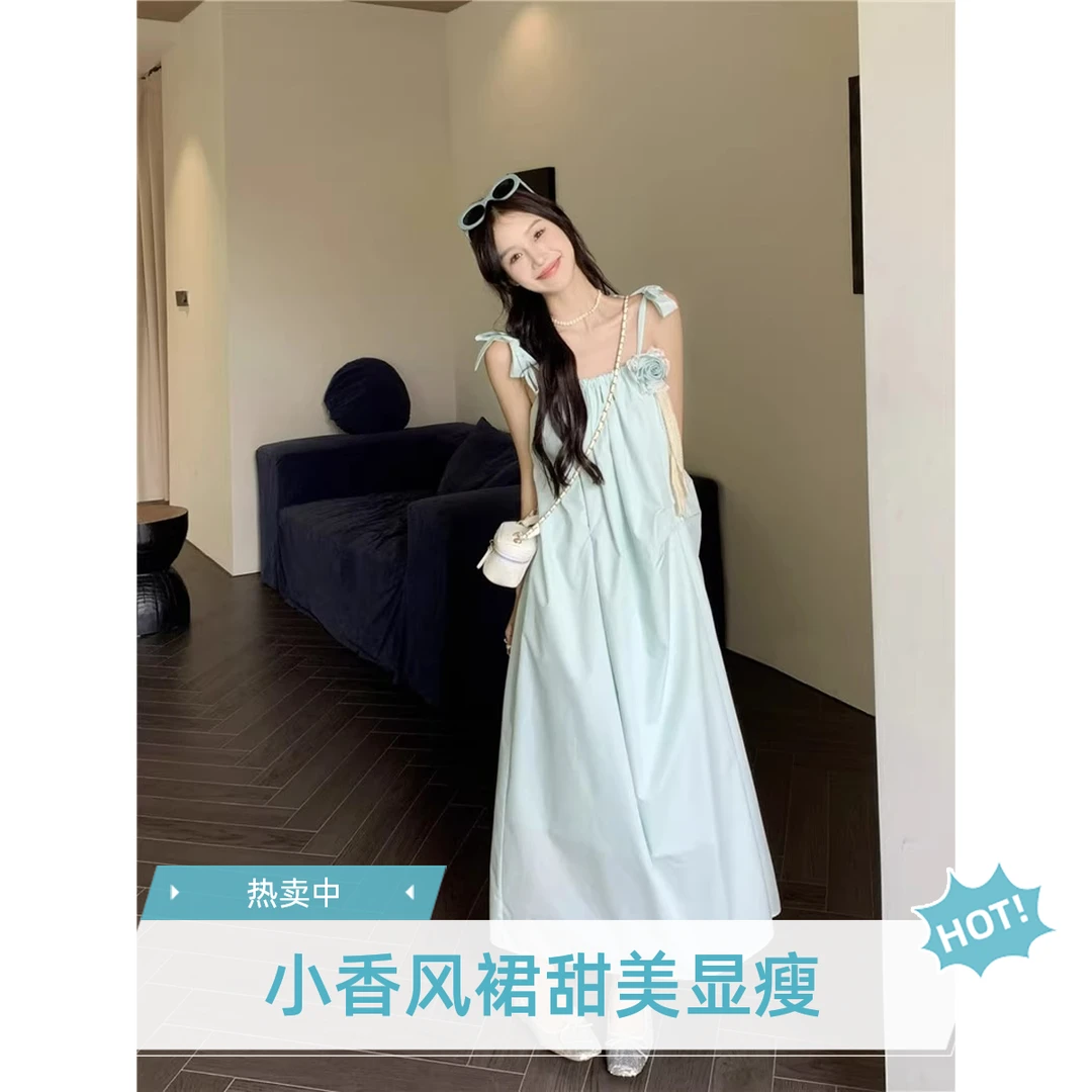 显瘦连衣裙女小香风重工无袖高个子甜美纯欲遮肚子吊带长裙子