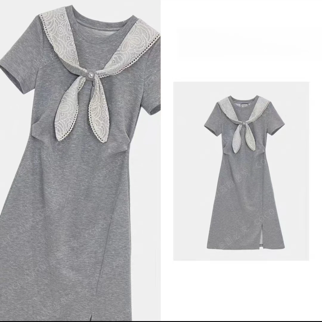 【裙长103-107】灰色连衣裙2025新款撞色蕾丝拼接蝴蝶结显瘦裙子女