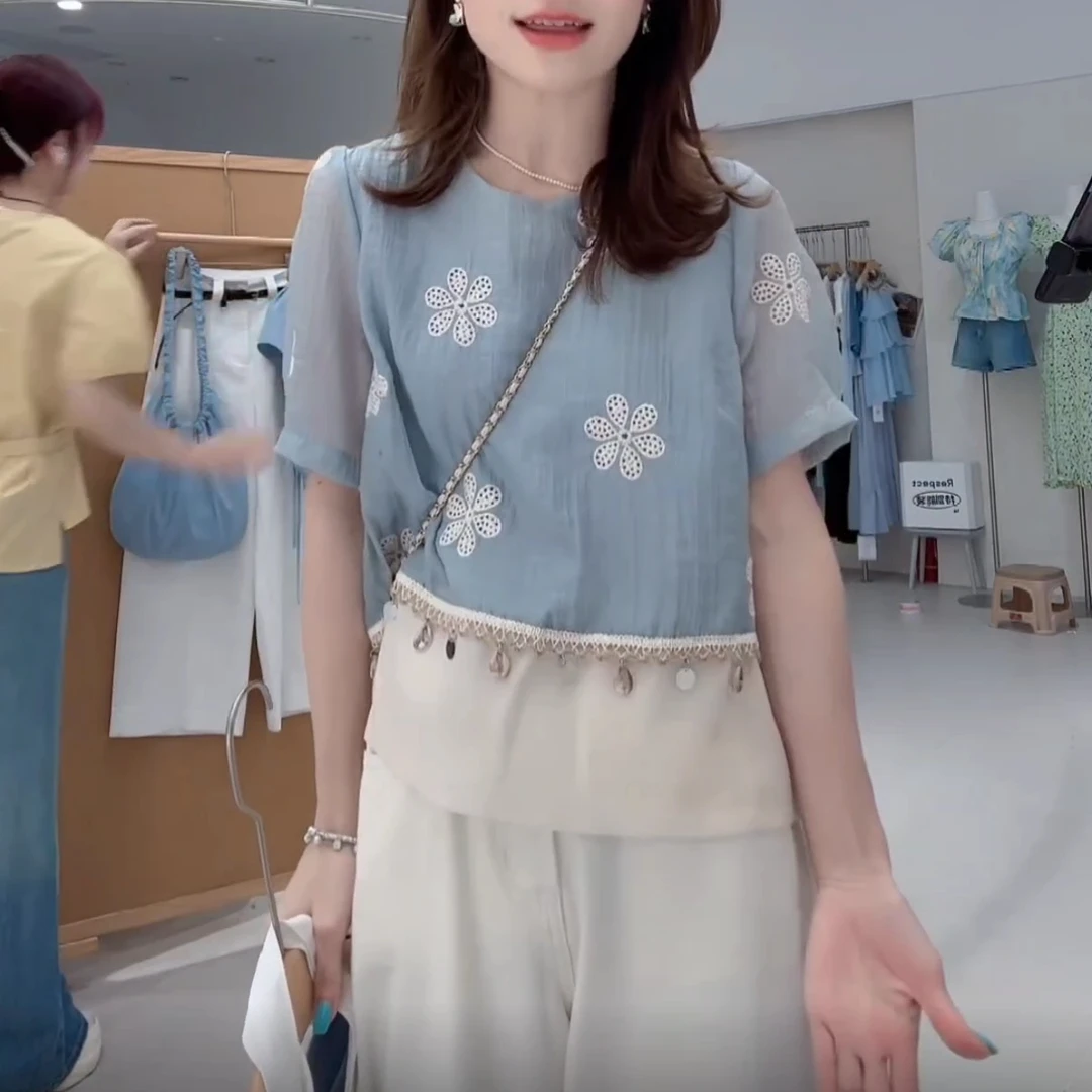 重工刺绣花朵拼贝壳短袖T恤女2025夏季新款宽松百搭气质漂亮上衣