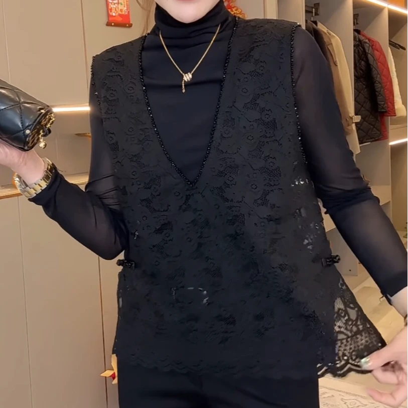 新款时尚V领气质蕾丝串珠洋气百搭弹力显瘦马甲