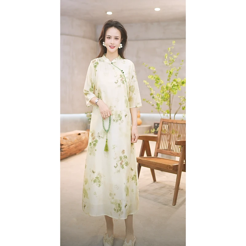 新款西子素然 原创中国风桑蚕丝显瘦时尚旗袍七分袖A字连衣裙8018