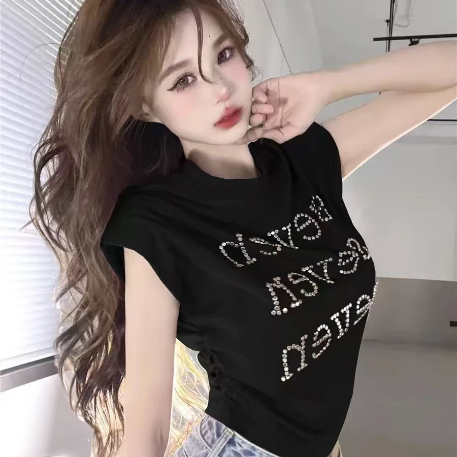 新款短袖t恤女烫钻短款显瘦时尚休闲百搭夏季黑色修身印花辣妹ins