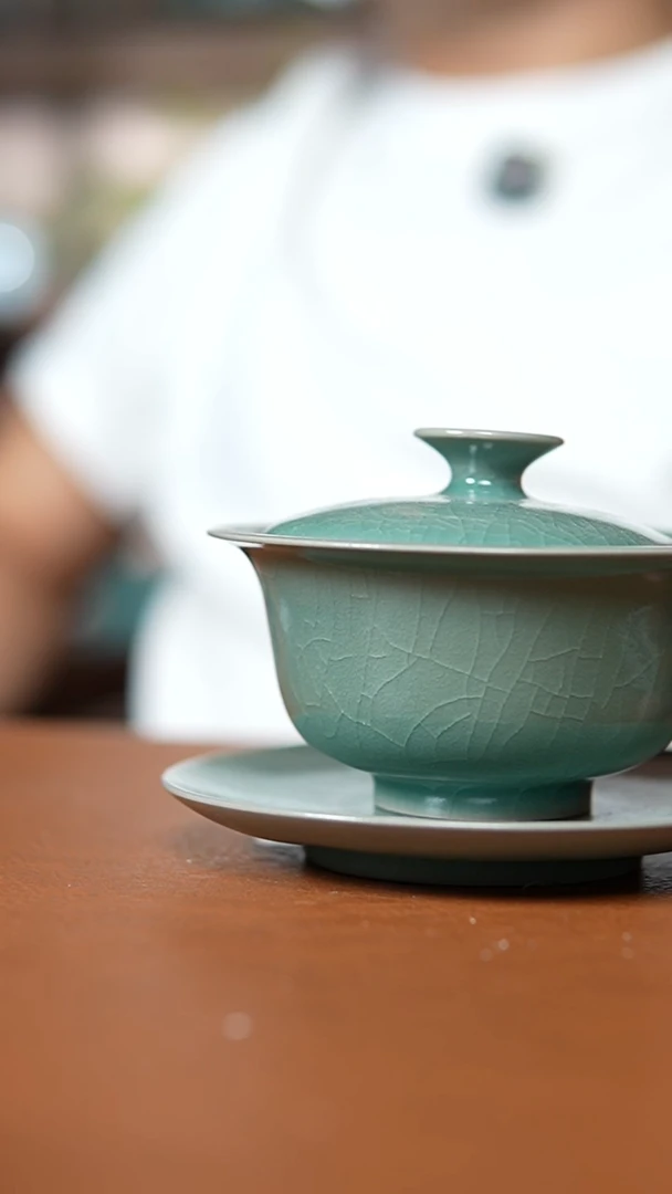 瓷片仿古翡翠绿纯手工三才元宝盖碗大瑕瑕