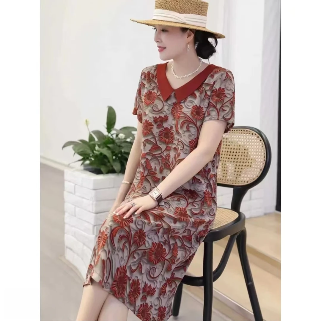 9846-夏季新款娃娃领短袖显瘦减龄气质妈妈装连衣裙（F）