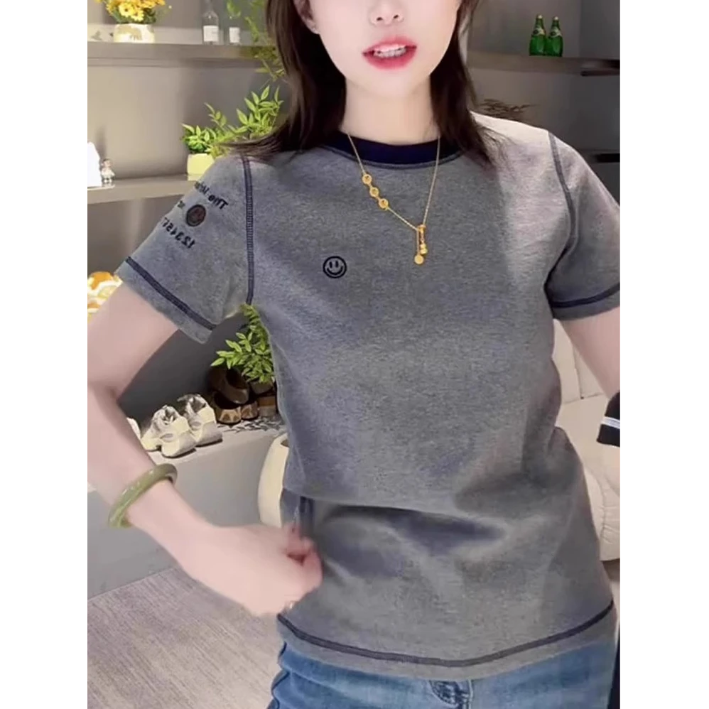 灰色圆领正肩短袖t恤女装2025夏季新款撞色笑脸刺绣显瘦体恤上衣