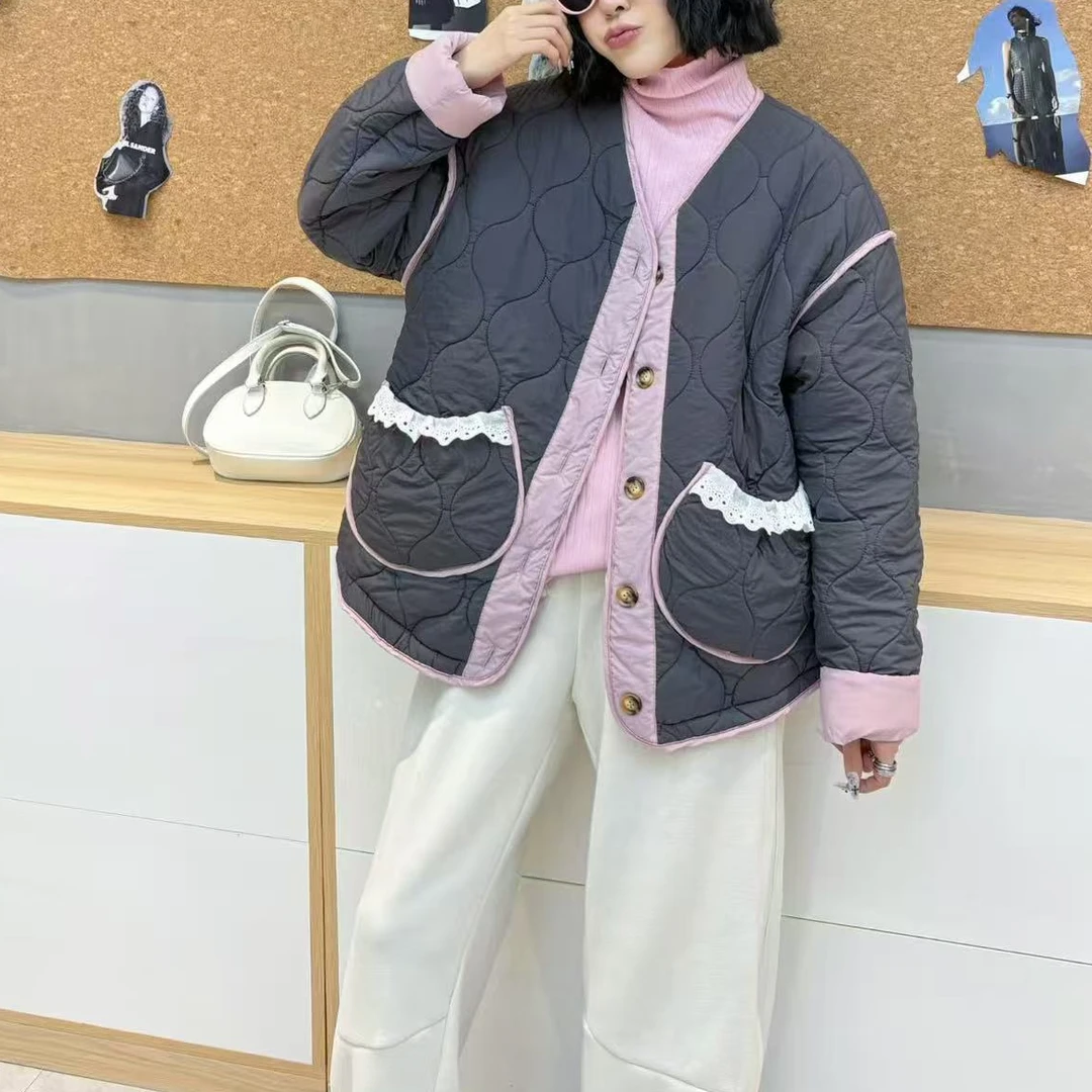 8253#冬季花边口袋百搭棉服