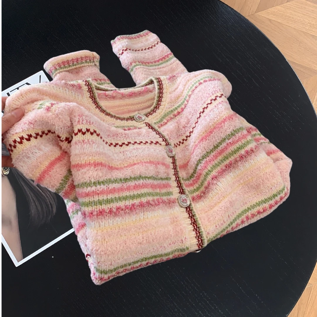 多巴胺彩色条纹长袖针织衫女秋冬软糯奶fufu毛衣开衫小个子短外套