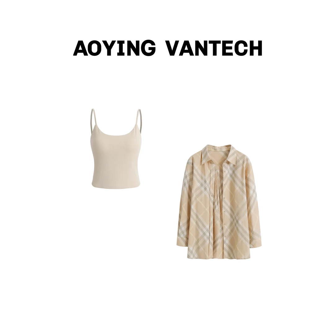 AOYING VANTECH【莱茵茶桂】老钱风格纹衬衫带胸垫奶茶色美背套装