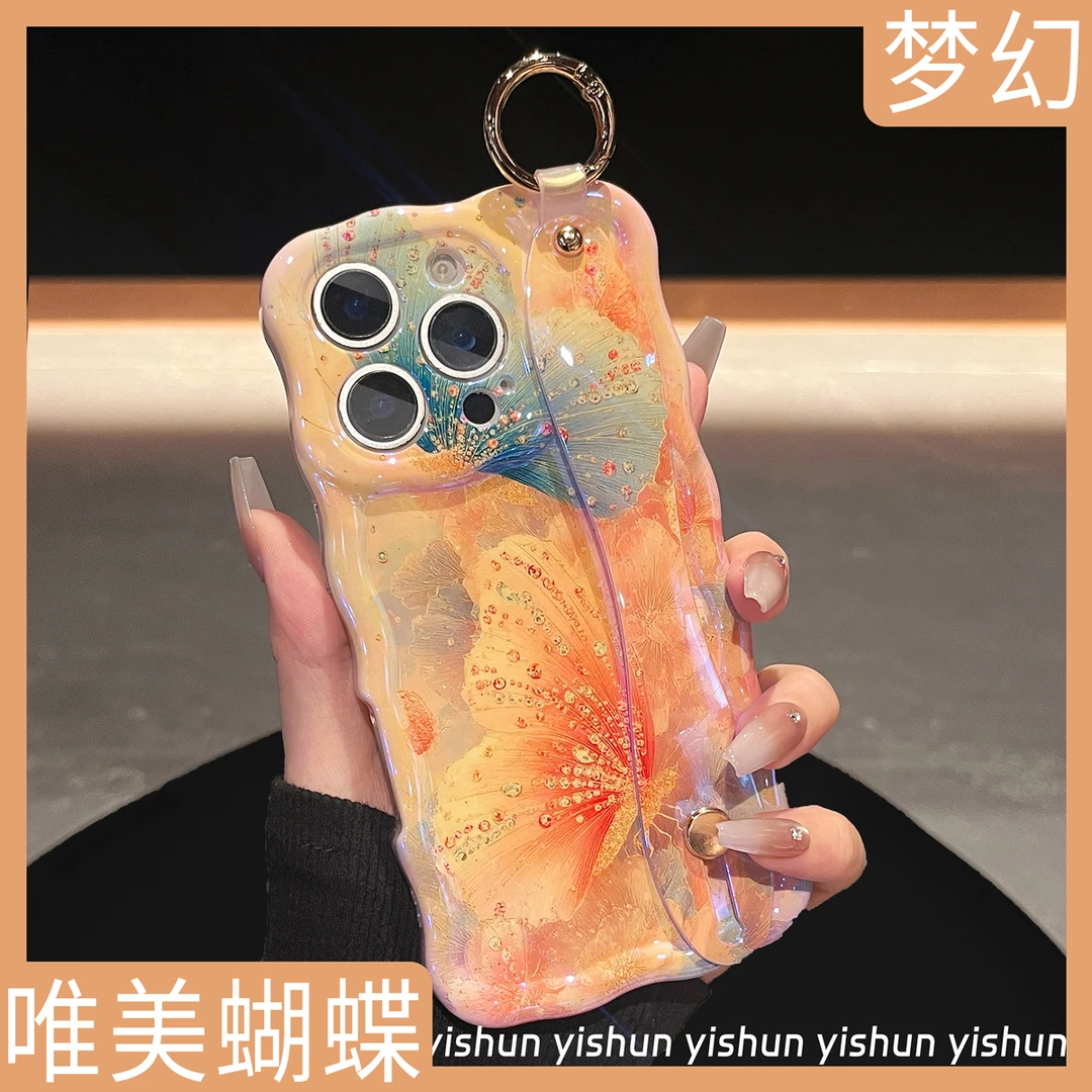 唯美梦幻珠露蝴蝶油画腕带适用苹果iPhone16ProMax手机壳15pro高