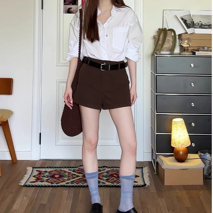 FCYSTUIDOHZJ美式复古显瘦休闲短裤2025夏季通勤百搭棕色直筒裤女