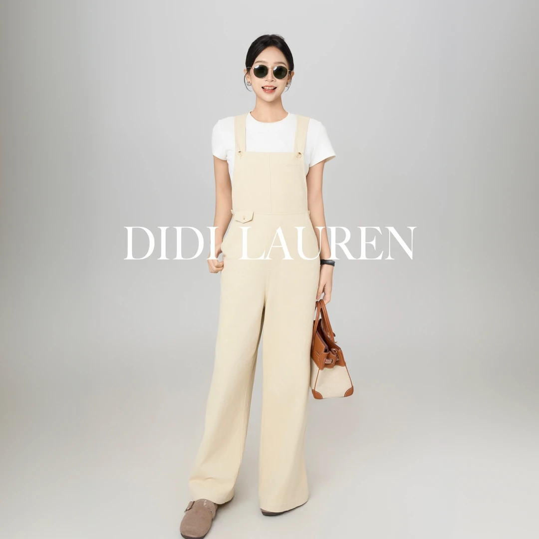 DIDI LAUREN“查理周刊”美式休闲慵懒风杏色牛仔背带裤