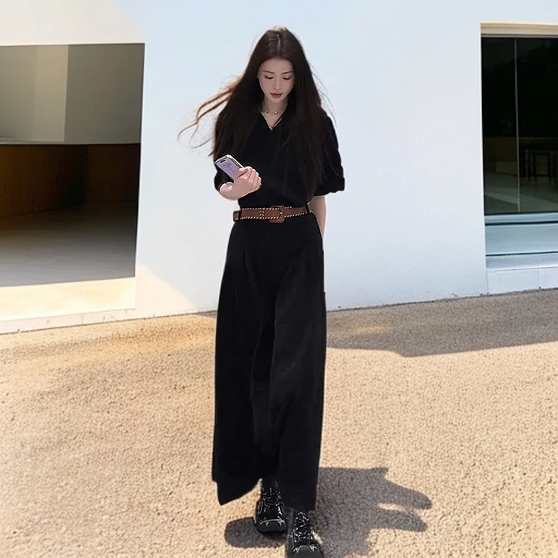 时尚高级感赫本风黑色短袖T恤连衣裙女夏季休闲裙气质A字大摆长裙