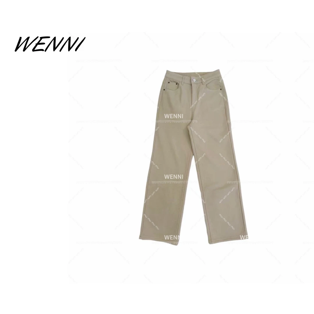 WENNI 【奶茶裤】秋冬女复合绒加厚款直筒百搭奶茶牛仔裤