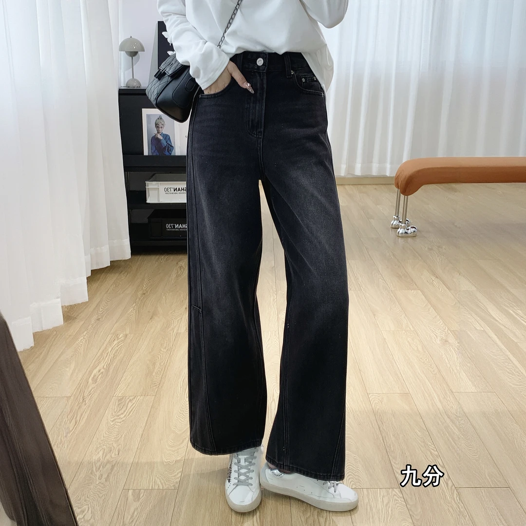 秋季新款黑灰色弯刀牛仔裤女小个子宽松慵懒风直筒垂感九分阔腿裤