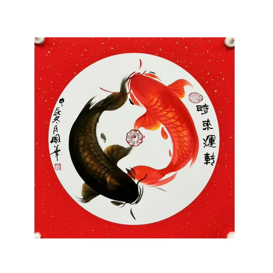 时来运转-红色斗方卡纸手绘国画