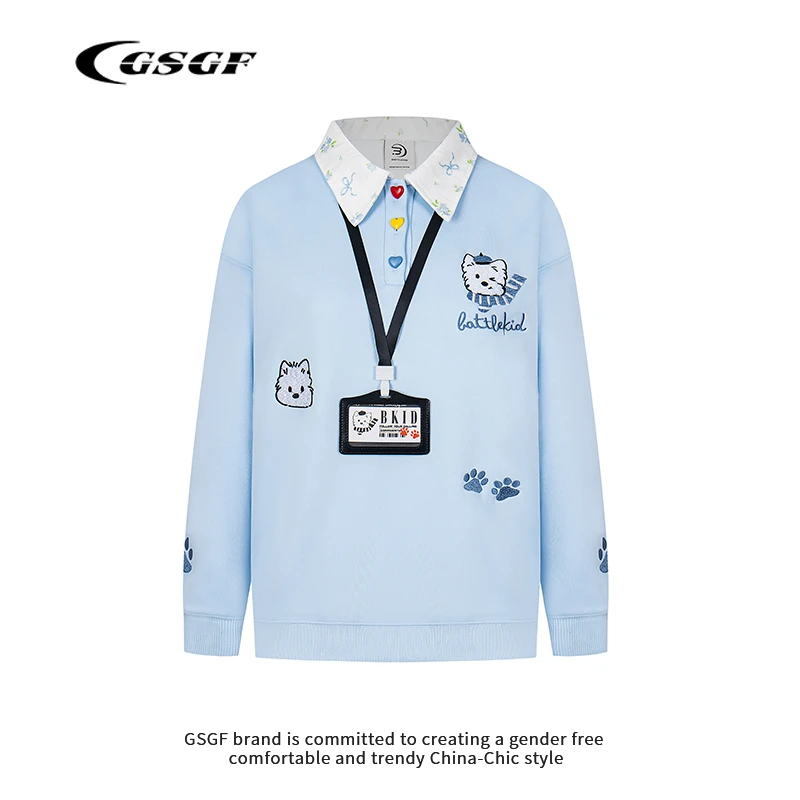 GSGF原创设计碎花小狗刺绣POLO领学院风长袖卫衣男女情侣宽松上衣