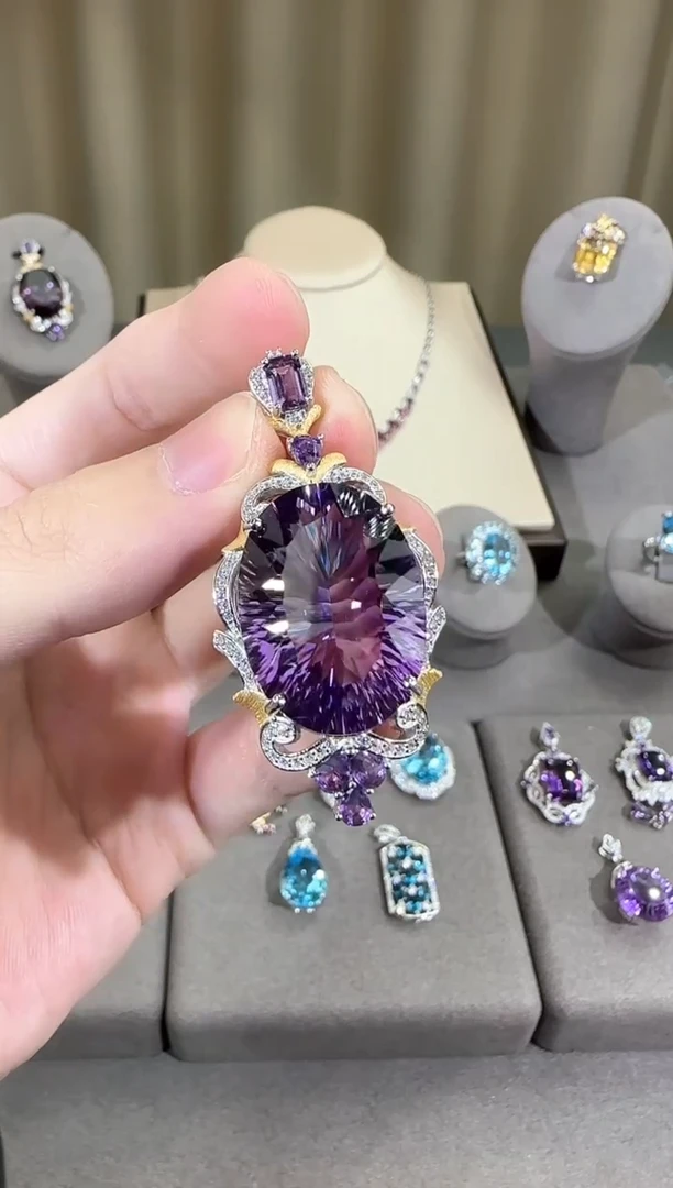 颈饰银S925镶嵌紫晶15*28mm55ct鸽子蛋吊坠设计款