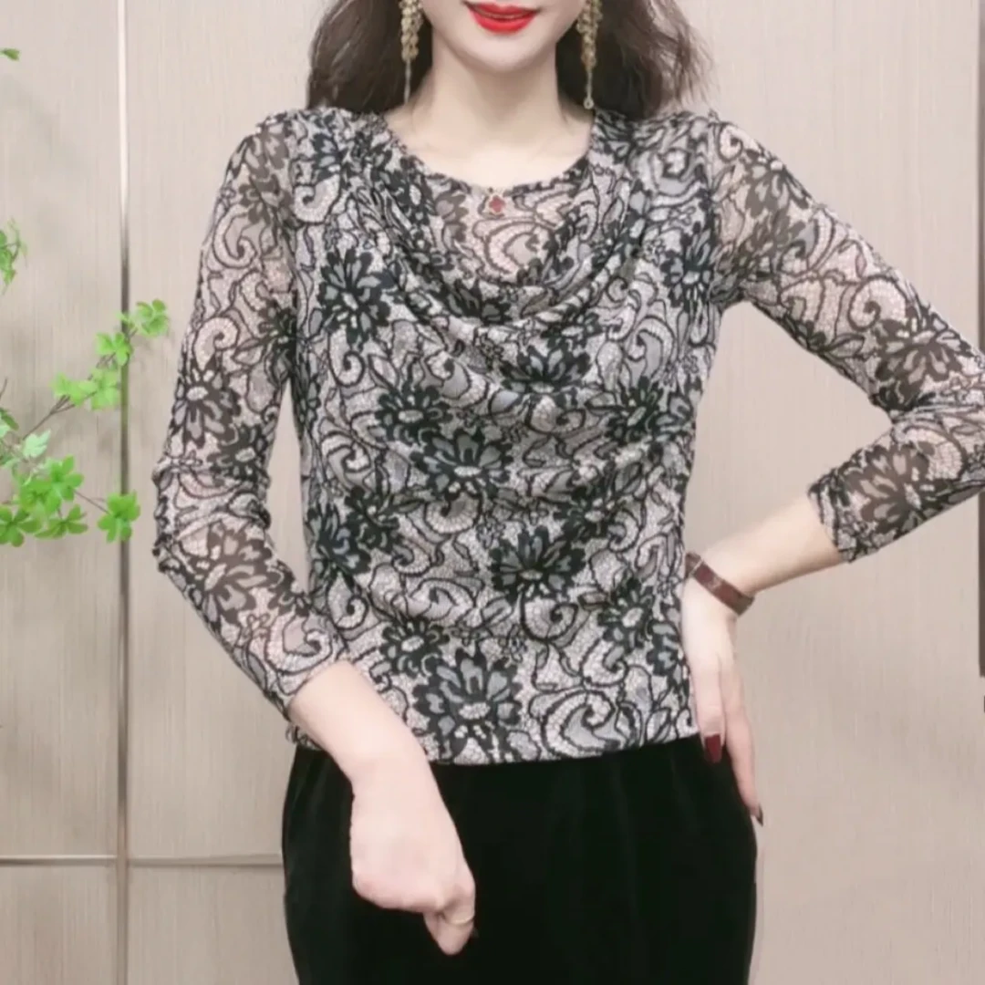 时髦高品质春夏中袖堆堆领弹性网纱时尚百搭气质减龄显瘦上衣女