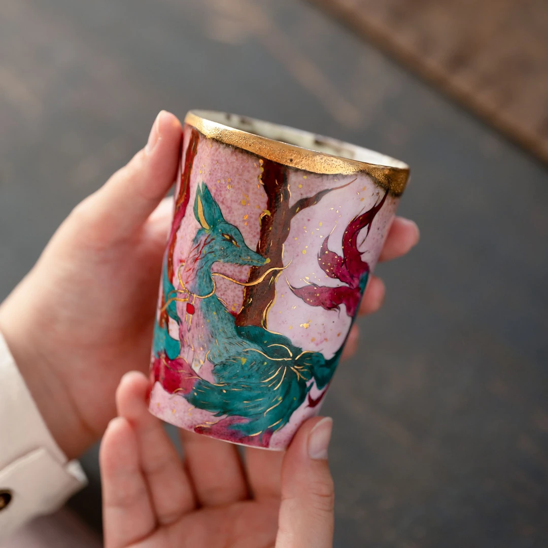 亘古 苏打釉手绘九尾主人杯 青曜九尾彩绘风格功夫泡茶实用茶具