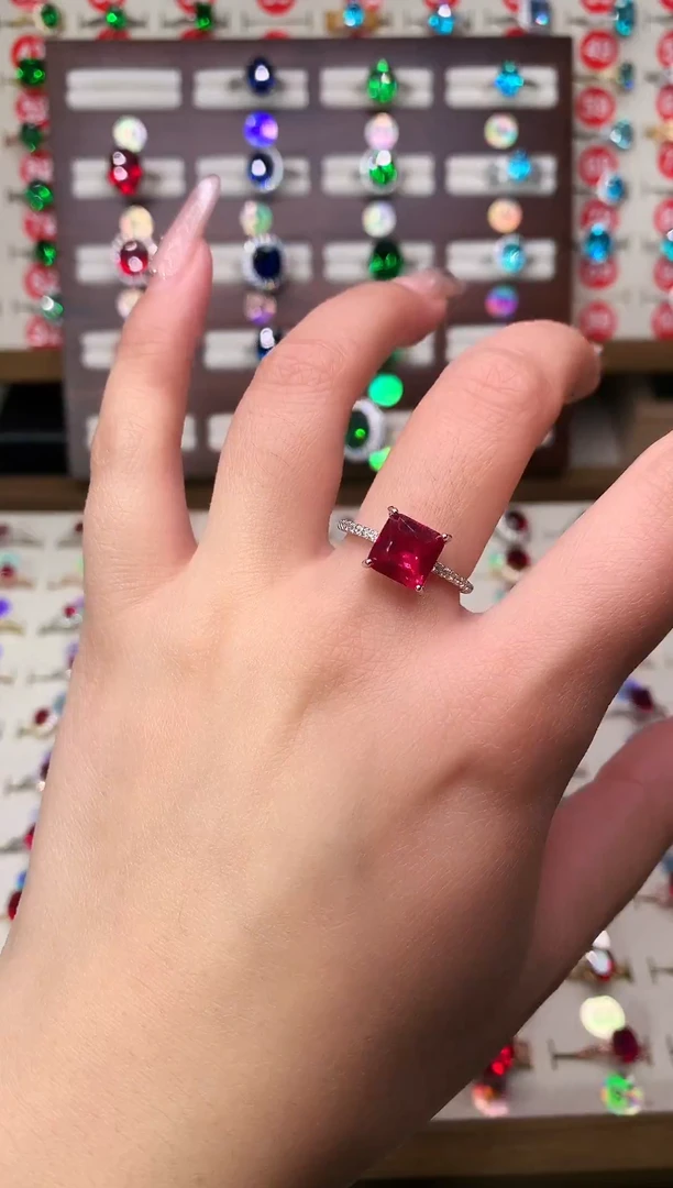 银S925镶嵌戒指红宝石方8*8 银托