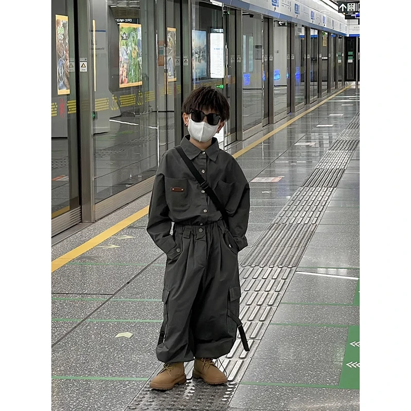 男童日系工装风纯棉衬衫套装2024秋装新款儿童酷帅街潮衬衣两件套