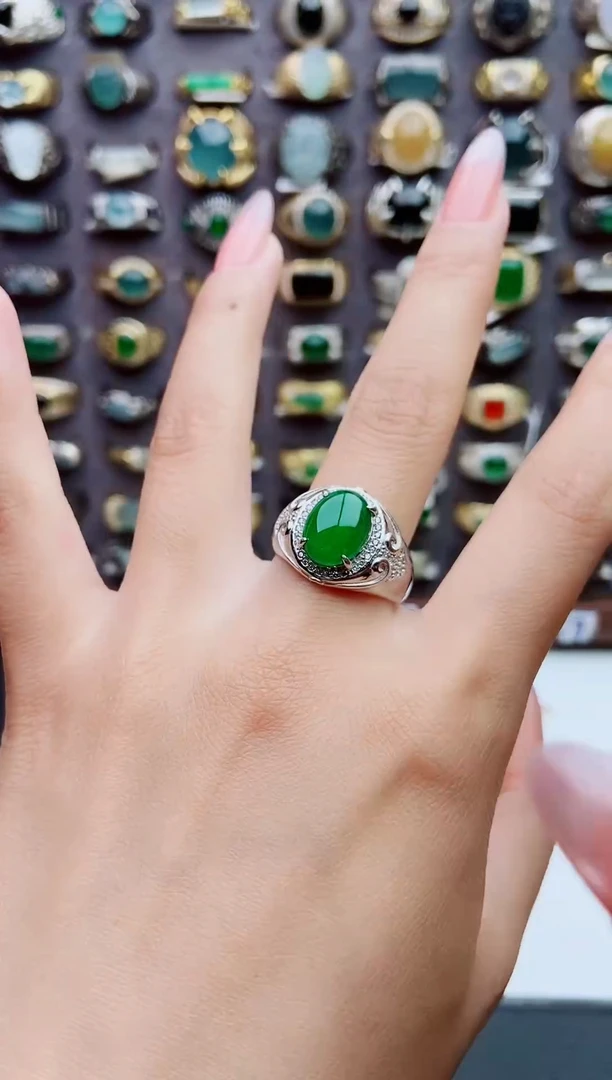 银S925镶嵌戒指翡翠天然翡翠男戒