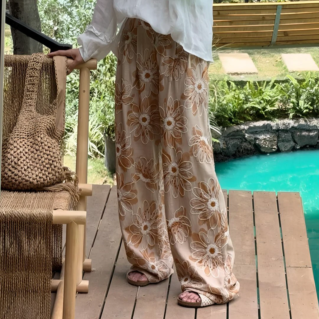 NXJ【青城山】微胖大码 彩色立体刺绣老钱麻料阔腿裤长裤 250424