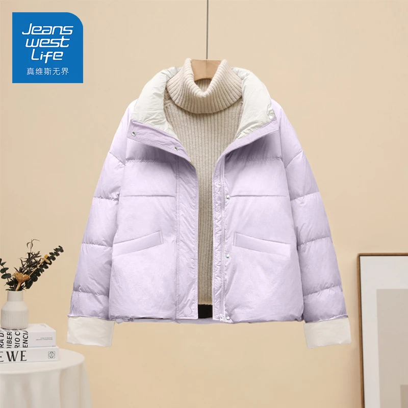 真维斯无界紫色短款立领面包服女冬季oversize版型立领保暖棉服女