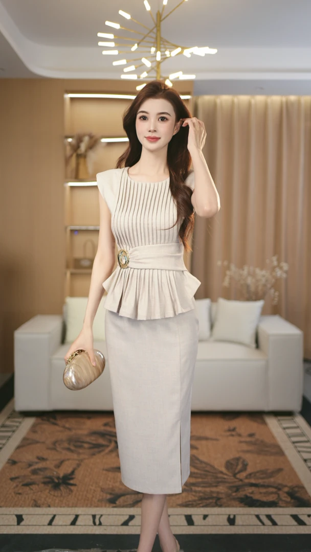 罗曼定制 高定原创杏色夏气质名媛通勤收腰上衣女+开叉半身裙套装