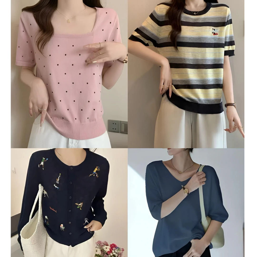 （01-999）2025新款女装春秋 休闲时尚穿搭日常显瘦针织上衣短袖-2