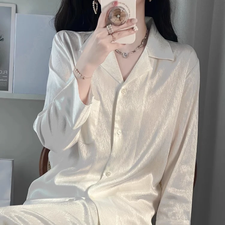 高级感衬衫真丝睡衣女春秋桑蚕丝白色长袖长裤家居服丝绸韩版套装