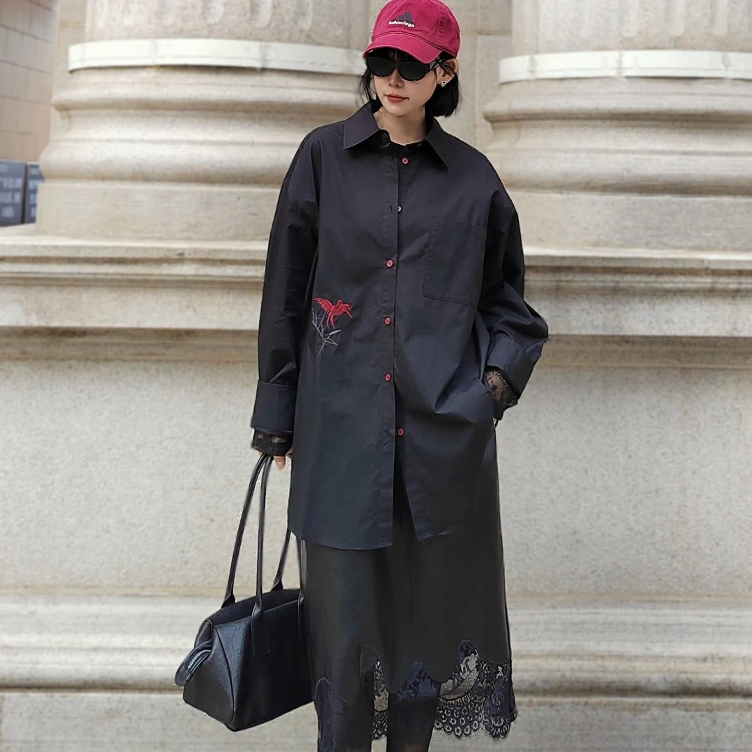 刘刘墨春秋国潮设计小众时尚黑色新中式精致刺绣休闲百搭长袖衬衣