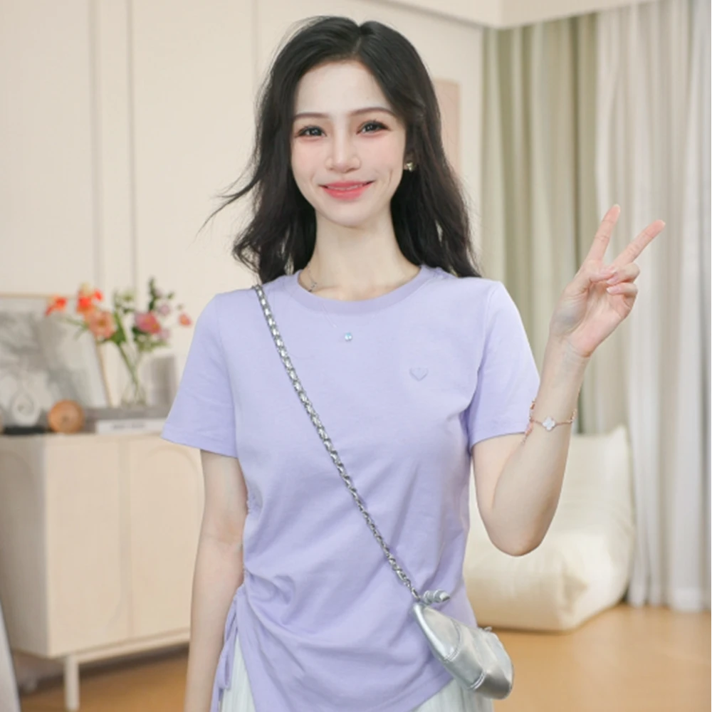 【618返场购】茵曼夏季时尚纯色不规则系带T恤休闲百搭圆领短袖上衣