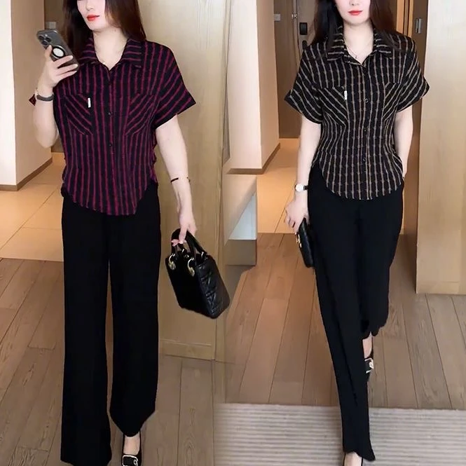 夏季穿搭衬衫休闲时尚洋气气质显瘦减龄百搭条纹宽松短袖上衣299