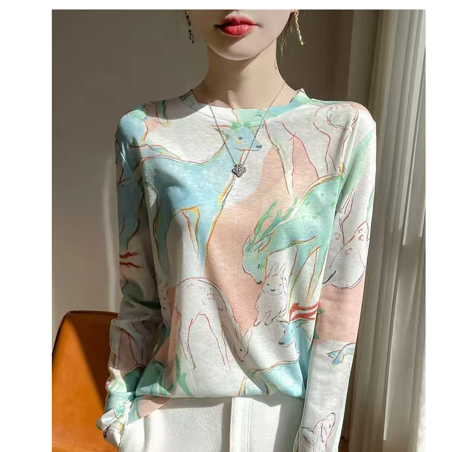 水墨画扎染高级时尚长袖T恤女士夏季新款针织宽松薄上衣圆领印花