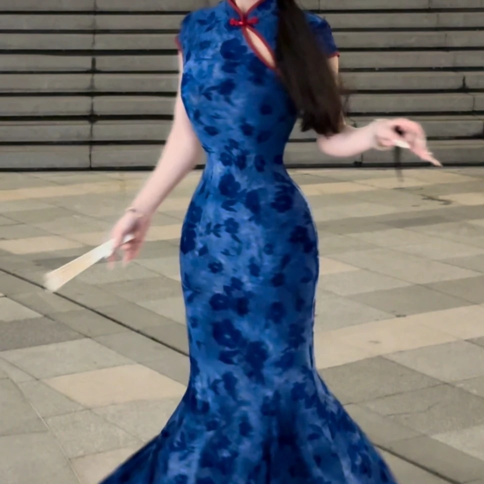 LHMknk1画报夫人原创自制步步生莲鱼尾植绒烧花新中式旗袍 兰亭香