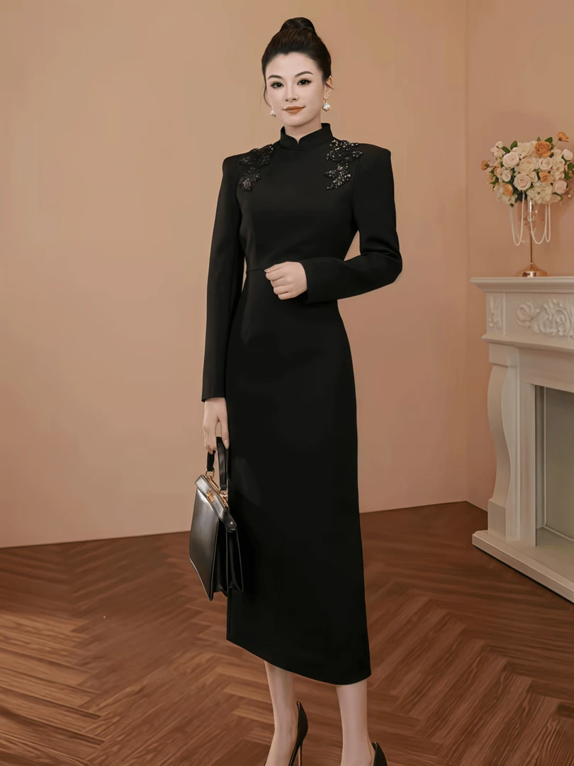 9963 重工烫钻黑色国风气质中长款连衣裙精致名媛收腰显瘦连衣裙