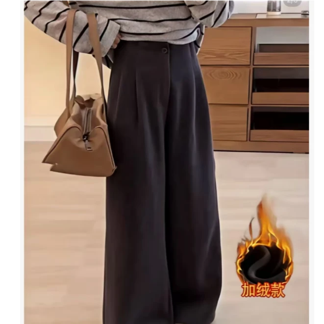 【加绒加厚】慵懒高级感灰色毛呢裤子女款高腰直筒阔腿裤3333#