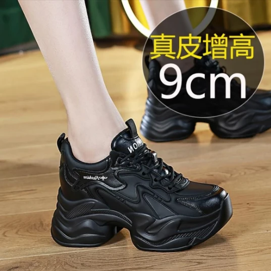 万达撤柜头层牛皮2025女鞋厚底内增高老爹鞋小白鞋单坡跟松糕厚底