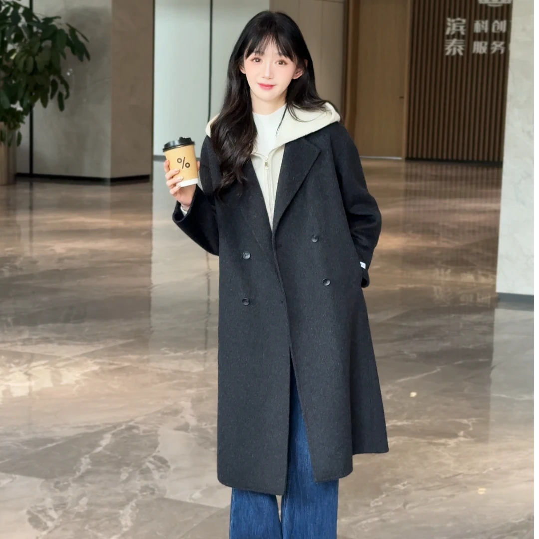HSTYLE/韩都衣舍【双12好物】秋冬双排扣西装领短款羊毛大衣 25903
